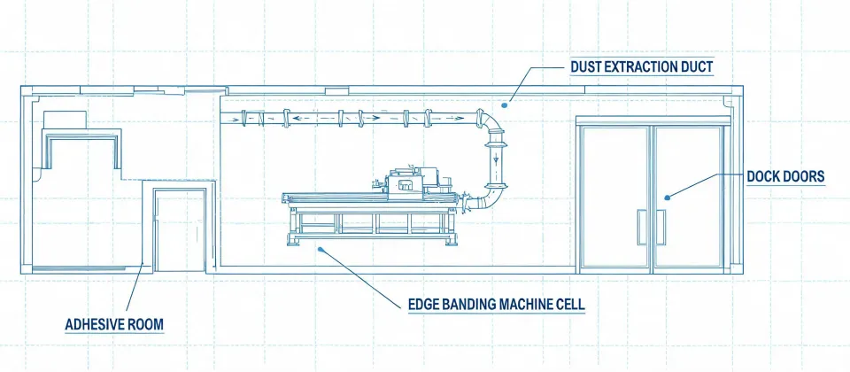 Schematic plant layout showing an edge banding cell with extraction and adhesive room, not a real street map