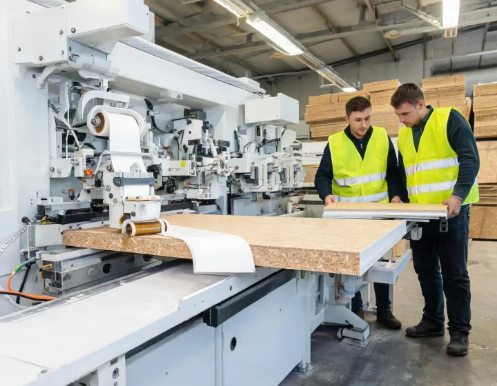 Wood panel leaving an edge banding machine after glue, trim and scrape stations